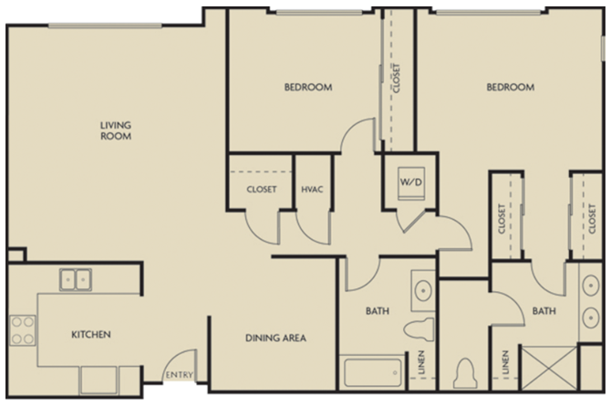 Floor plan for 2 beds, 2 baths, 1298 sqft